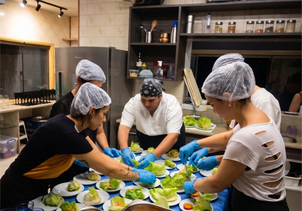 Chef Júlia Zecchinelli em produção de mini morangas na cozinha profissional